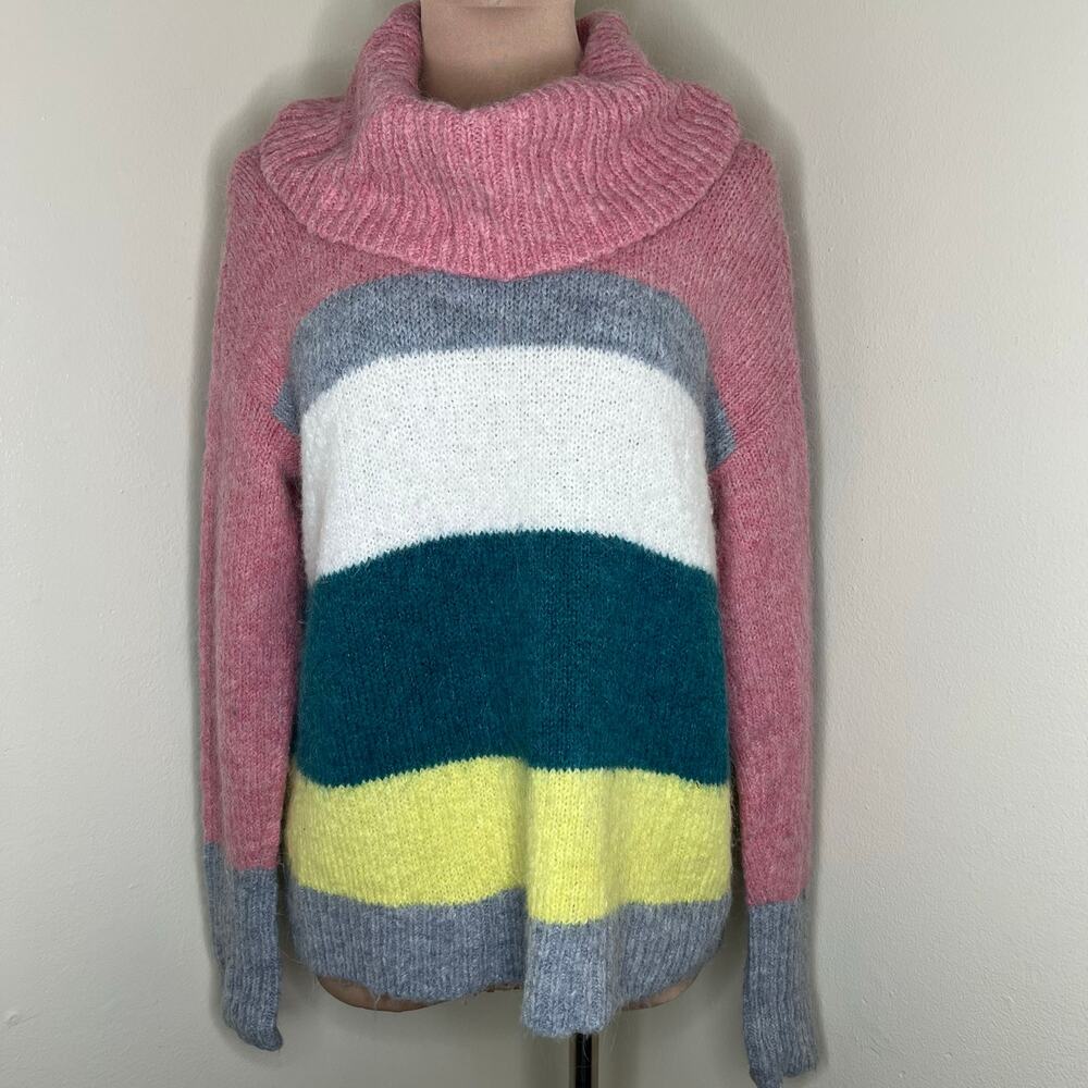 Lou & Grey Loft Cowl Neck Sweater Medium Womens Wool Alpaca Striped Knit Relaxed